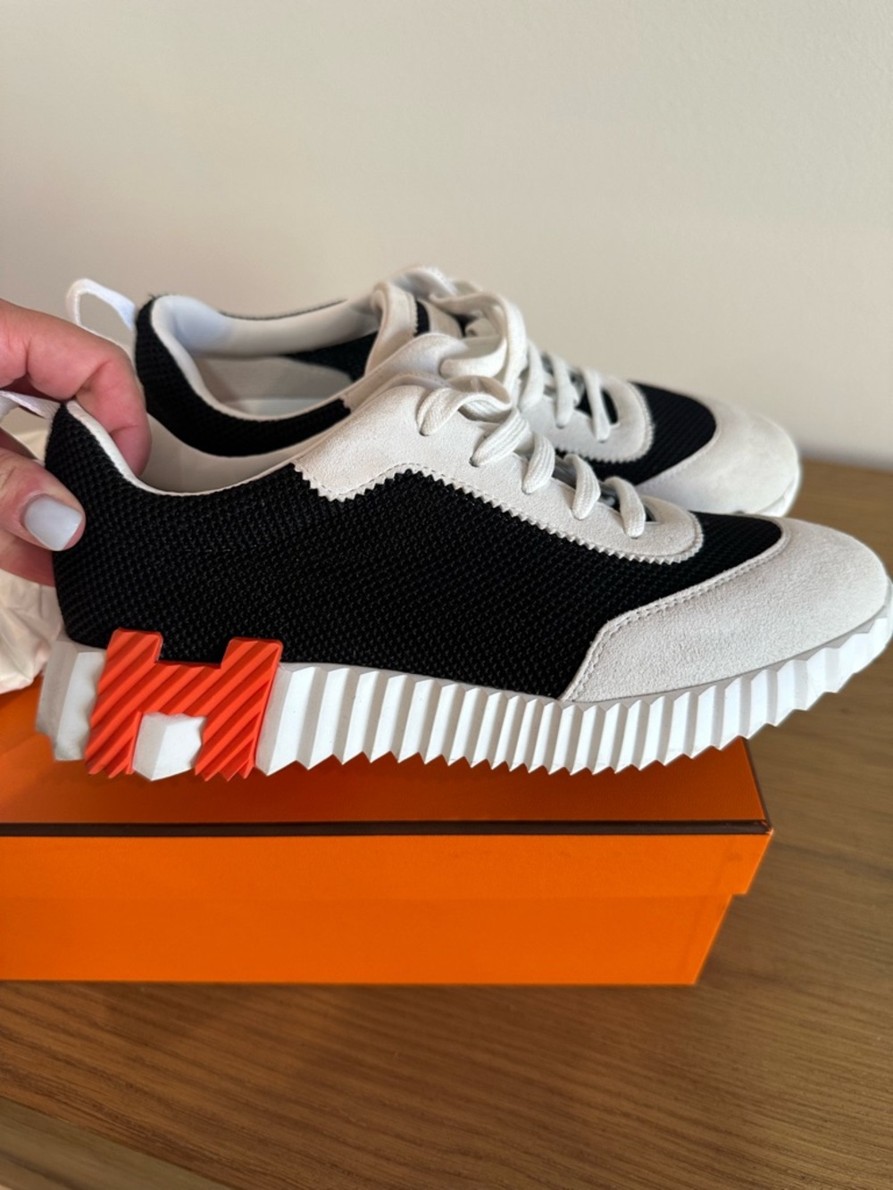 Authentic Hermes Bouncing Sneaker Black, White & Orange Platform